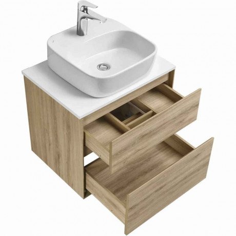 Тумба с раковиной и столешницей Aquaton Либерти 60/Одри Soft 42, 2 ящика, белая столешница, дуб эльвезия